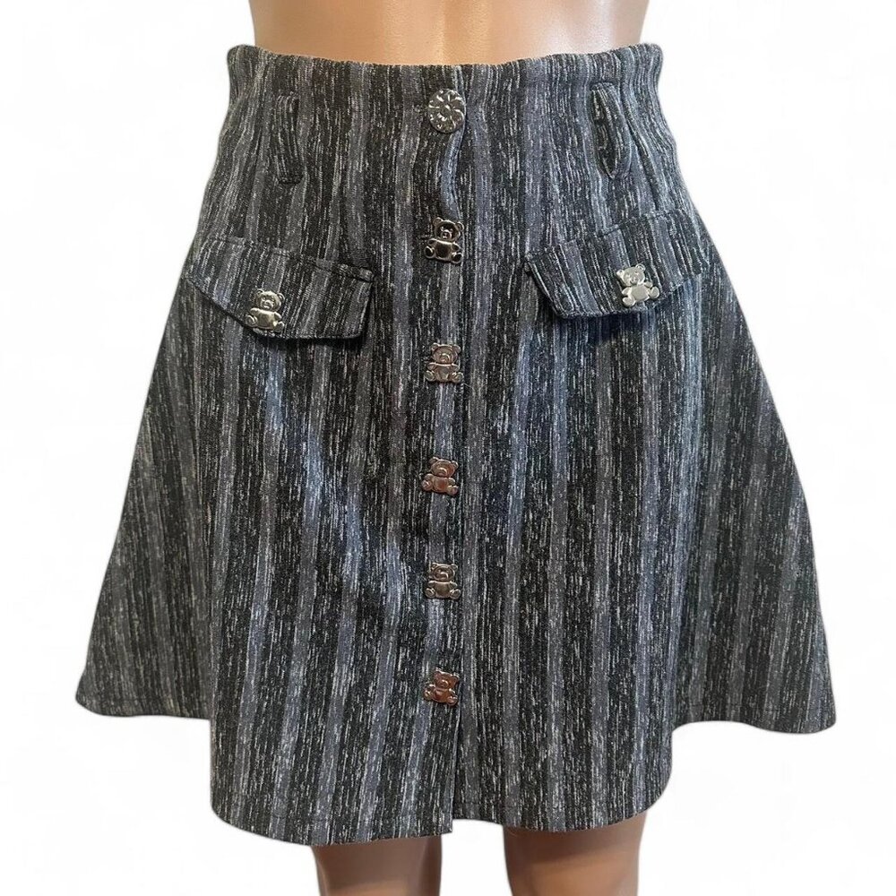 Teddy Bear button down faux wool grey and blue stripes a line skirt size S